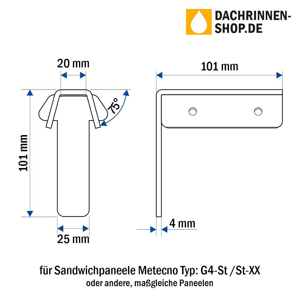 10er Set Rinnenhaken RG333 für Sandwichplatten bis 160mm von Metecno -   - Die Nr. 1 für Dachentwässerung und Blechkantprofile.