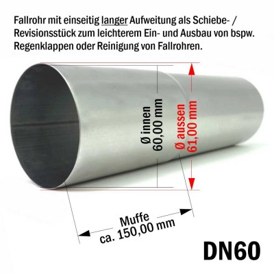 Titanzink Fallrohr mit Langmuffe DN60 rund Länge 0,25 Meter