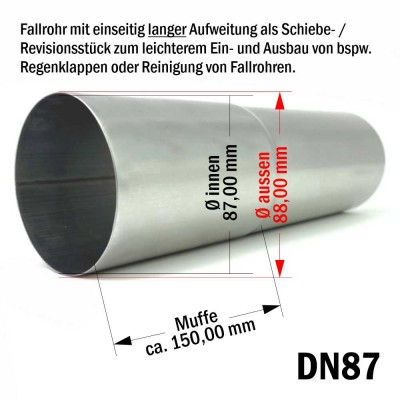 Titanzink Fallrohr mit Langmuffe DN87 rund Länge 1,0 Meter