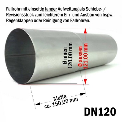 Titanzink Fallrohr mit Langmuffe DN120 rund Länge 0,25 Meter