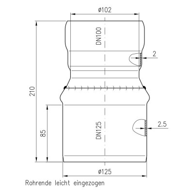 Übergangsstück von DN100 auf KG-Rohr DN125 aus Stahl, verzinkt