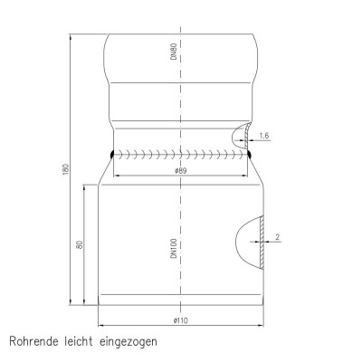 Übergangsstück von DN80 / DN87 auf KG-Rohr DN110 aus Stahl, verzinkt