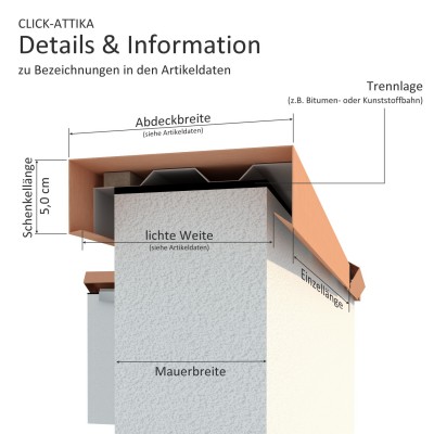 Click-Attika aus Edelstahl Natur Länge: 2,00 Meter für 28 cm Mauerbreite