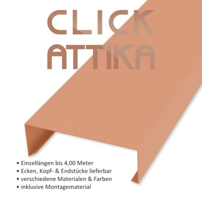 Click-Attika aus Kupfer Natur Länge: 3,00 Meter für 21 cm Mauerbreite